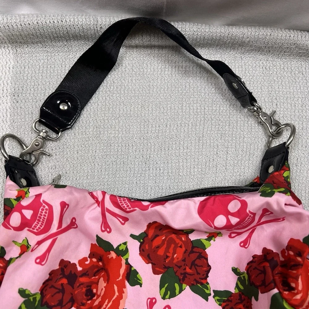 Betseyville Pink Skull Rose Print Hobo Shoulder Bag Studded Accents Y2K Emo Goth